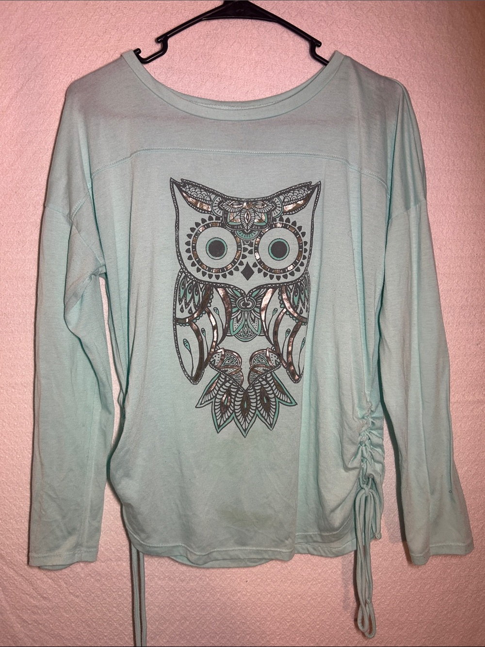 Fifth Sun Mint Green Owl Graphic Long Sleeve Top with Side Ruching